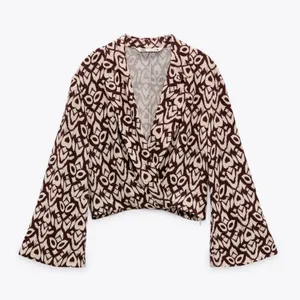 Zara Printed Long Sleeve Wrap Blouse in‎ Red Cream Size Small thumbnail 4