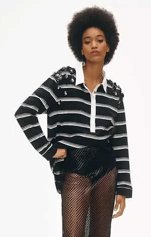 NWT Maeve Anthropologie‎ It Girl Polo Top Black White Stripe Long Sleeve Top thumbnail 1