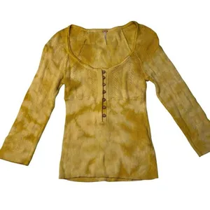 Y2K Free People XS Button Hanley Top‎ 3/4 Sleeve Gold Yellow Pointelle Coquette thumbnail 3