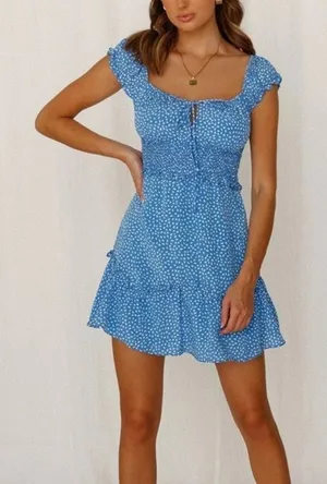 Hello Molly Blue Print Lorelai Mini Dress ruffle sleeve tie front flirty medium thumbnail 1