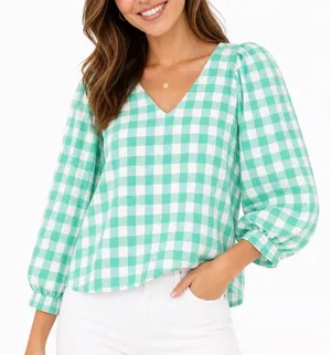 A New Day Green Gingham V-Neck Puff Sleeve Blouse Top S Mint White Check thumbnail 1