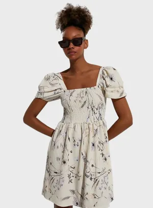 H&M Floral Smocked Puff Sleeve Mini Dress Cream XS thumbnail 1