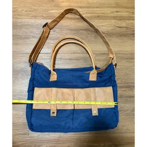 Navy Blue Canvas Tote Bag Tan Faux Leather Trim Crossbody Laptop Travel Satchel thumbnail 3