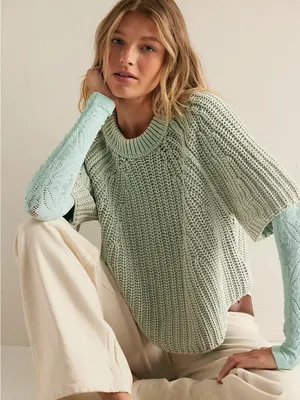 Free People Cameo Green Amy Cotton Sweater Tee Chunky Knit thumbnail 9