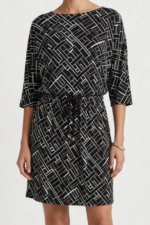 LAUREN‎ Ralph Lauren Dolman Sleeve Drawstring Waist Dress Medium Black Print thumbnail 1