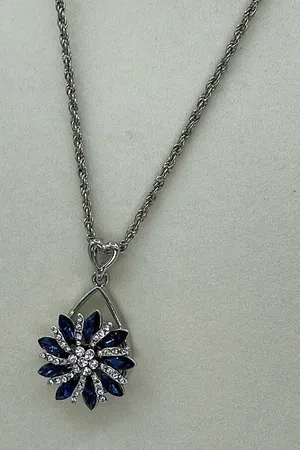 Sapphire CZ’ large flower pendant on a long 21” rope chain thumbnail 1