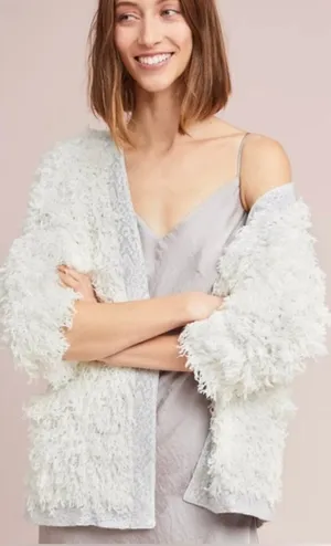 Anthropologie Vanessa Virginia Fluffy Fringe White Metallic Cardigan Soft Size S thumbnail 1