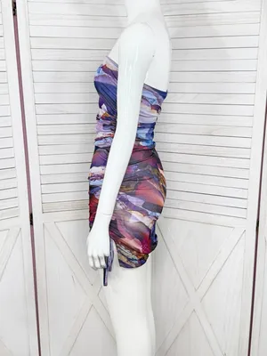 Y2k Mint Vanilla Printed Mesh Cinch Side Strapless Bodycon Mini Dress‎ Blue 8 thumbnail 3