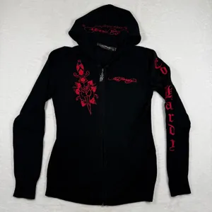 Ed Hardy Christian Audigier Black Red Embroidered Zip‎ Hoodie Skull Dagger L thumbnail 1