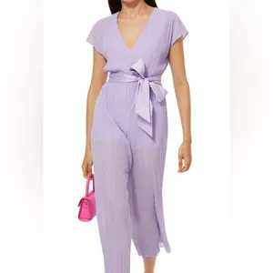 Alice + Olivia Mitsue Plissé Jumpsuit 2 Lilac Pleated Wide Leg Belted thumbnail 4