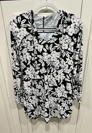 Coolibar Seacoast Swim Coverup Dress UPF 50 Floral Black & White Hooded Beach thumbnail 1