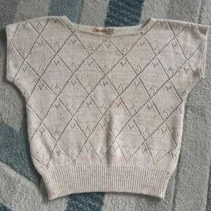 VTG Cream Confetti Diamond Pointelle Angora Wool Summer Knit Sweater Cottagecore thumbnail 3