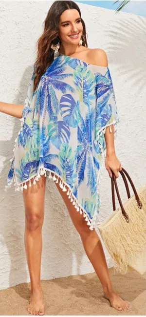 SHEIN Blue White Tropical Floral Sheer Tassel Beach Cover Up Size Large thumbnail 1