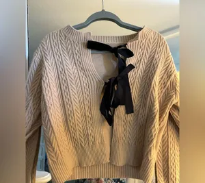 NEW Cable Knit Crew Neck Sweater Cardigan Bow Tie Front Long Sleeve M thumbnail 4