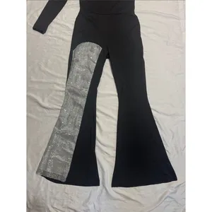 NWT Mundefeis Black One Shoulder Rhinestone Jumpsuit Flare Leg Party Romper S thumbnail 3