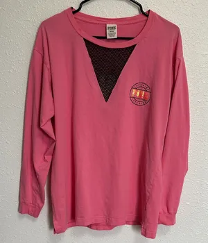 PINK Victoria's Secret Pink Long Sleeve Tee Black Mesh Detail Medium Oversized thumbnail 1