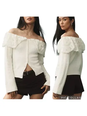 Maeve‎ Anthropologie Lace Collar Off Shoulder Cardigan Sweater Ivory Size Medium thumbnail 2