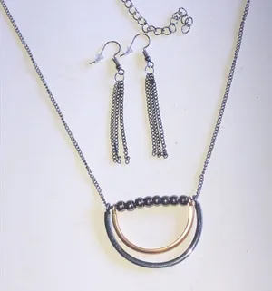Dark Metal Two-Tone Half-Circle Pendant Necklace & Tassel Earring Set thumbnail 1