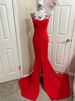 Miss Ord Red Strapless Mermaid Formal Gown Maxi Dress Slit Train - NWT Size S thumbnail 3