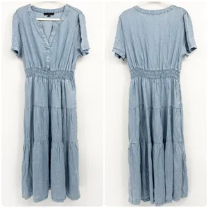 Jane + Delancey Womens Chambray Lyocell Smocked Waist Boho Tiered Midi Dress XL thumbnail 2