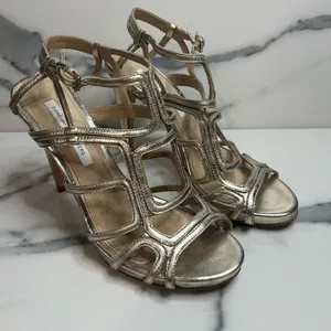 Diane Von Furstenberg Women's Gold Metallic Jeanette Nappa Heels Sz 8.5 Classic thumbnail 1