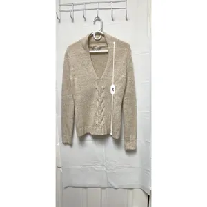 Banana Republic Womens Small Beige‎ Lambswool Cashmere V-Neck Cable Knit Sweater thumbnail 4