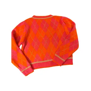 Sunday Up Pink Orange Argyle Cardigan Small Metallic Silver Trim Cropped thumbnail 7