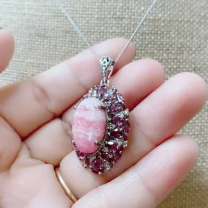 Sterling Silver 925 Oval Rhodochrosite + Rhodolite Pendant Necklace 20" Chain thumbnail 4