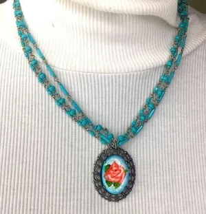 Vintage turquoise beaded painted rose pendant necklace multi strand 19” thumbnail 1