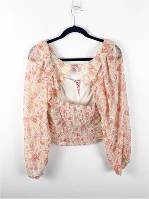 FREE PEOPLE Mabel Floral Ruching Sheer Balloon Sleeves Smocked Back Top Small thumbnail 2