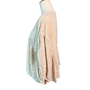 Wishlist Tan White Striped V-Neck Balloon Sleeve Babydoll Blouse Large thumbnail 5