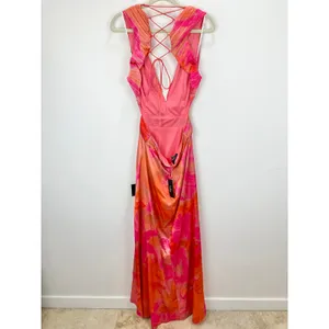 Lulus Dedra Pink and Orange Abstract Pleated Maxi Dress Formal Satin Large NWT thumbnail 10