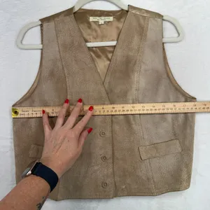 Vintage Boho Large Leather Vest Suede Front Satin Back Cinch Tan Camel Festival thumbnail 8