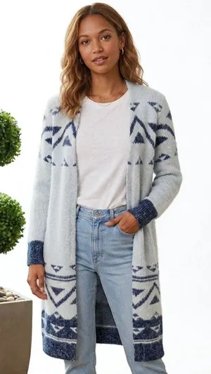 ANA Gray & Blue Print Fuzzy Fluffy Comfy Long Sleeve Open Front Cardigan M NEW thumbnail 1