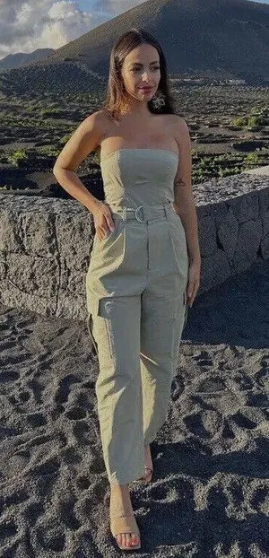 ZARA jumpsuit technical fabric cargo sleeveless wide streight leg light khaki thumbnail 12