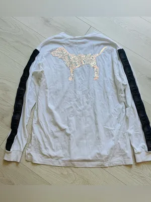 PINK Victoria's Secret White Pocket Tee with Black/Rainbow Sleeve Stripe thumbnail 2
