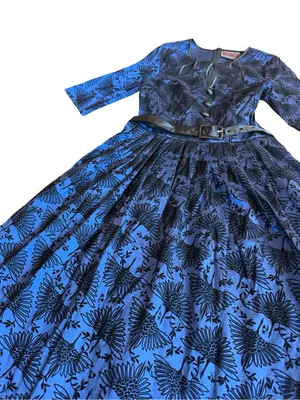 Voodoo Vixen Blue Black Bird Print Belted Fit Flare Midi Dress Medium Women's thumbnail 7