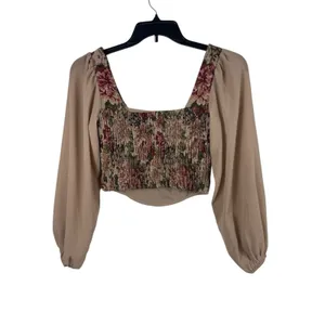 Tapestry Floral Crop Top Square Neck Puff Sheer Sleeve Renaissance Cottage Top S thumbnail 2