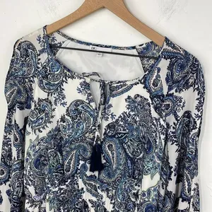 DR2 by Daniel Rainn Blue White Paisley Shift Dress Tassel Tie Neck Split MEDIUM thumbnail 3