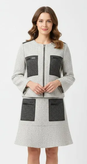 Ann Taylor SET Gray Woven Collarless Parchwork Jacket & Skirt NEW thumbnail 1