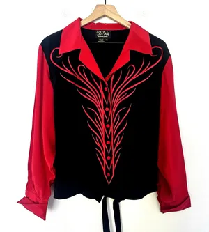 Vintage Bob Mackie 100% Silk Blouse Black Red Western Embroidered Flames 90s L thumbnail 1
