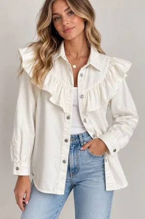ZARA White Denim Ruffle Western Shirt Jacket Shacket Size M thumbnail 1