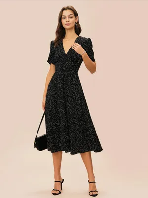 Rihoas Black V Neck Polka Dot Midi Dress thumbnail 4