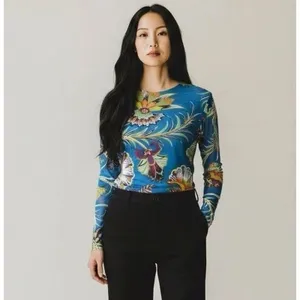 Petit Pois Viviana G Mesh Top Size L Sheer Exotic Flowers Peacock Artsy Boho thumbnail 4