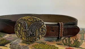 Vintage Distressed Stitched Brown Genuine Leather Eagle Buckle Belt - L thumbnail 12