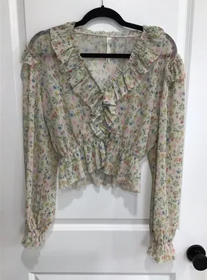 by ANTHROPOLOGIE Blouse Womens XS Green Floral Ruffled Puff Sleeve Boho thumbnail 1