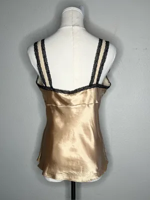 Vintage California Dynasty Gold Satin Lace Trim Babydoll Cami Tank Top Y2K Fairy thumbnail 2