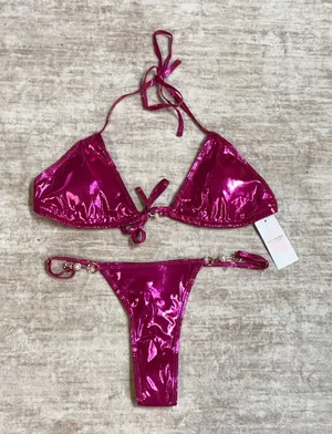 New Fashion Women’s Large Hot Pink Metallic Bikini Swimsuit Thong Rave Festival thumbnail 1