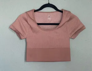 Aerie Offline Seamless Ribbed Scoop Neck Cropped Short Sleeve Size S Tan Beige thumbnail 1