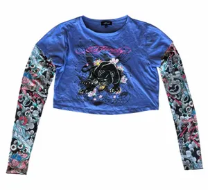 Ed Hardy Vibrant Blue Panther Graphic Crop Top With Mesh Tattoo Sleeves Large thumbnail 1